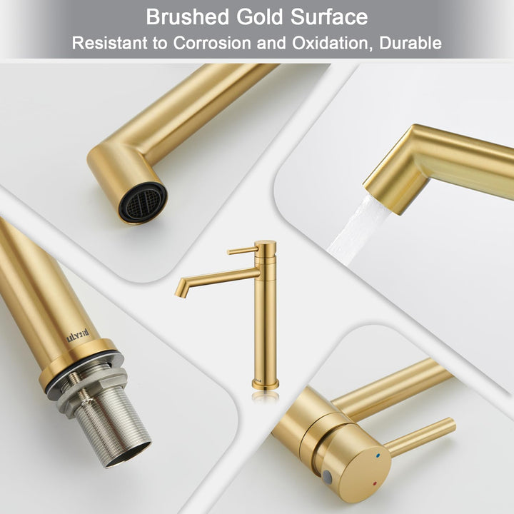 Ulytid Wasserhahn Bad Gold, Waschtischarmatur Hoch Aufsatzwaschbecken 360° Schwenkbar, Armatur Badez