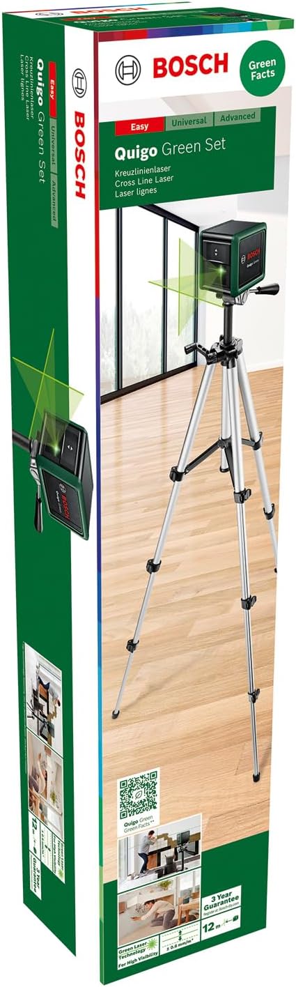 Bosch Kreuzlinienlaser Quigo Green mit Stativ (grüner Laser für bessere Sichtbarkeit, Gehäuse aus re