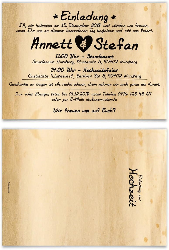 Kartenmachen.de 10 x Hochzeitseinladungen Einladungskarten Hochzeit - Vintage Flaschenpost, 10