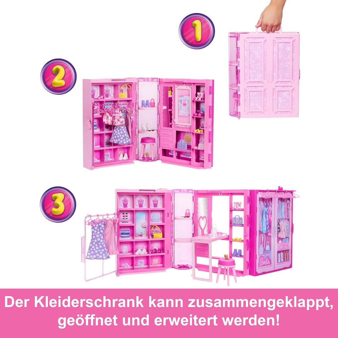 Barbie Traumkleiderschrank Spielzeug, Spielset mit blonder Modepuppe, Moden und Accessoires, knapp 1
