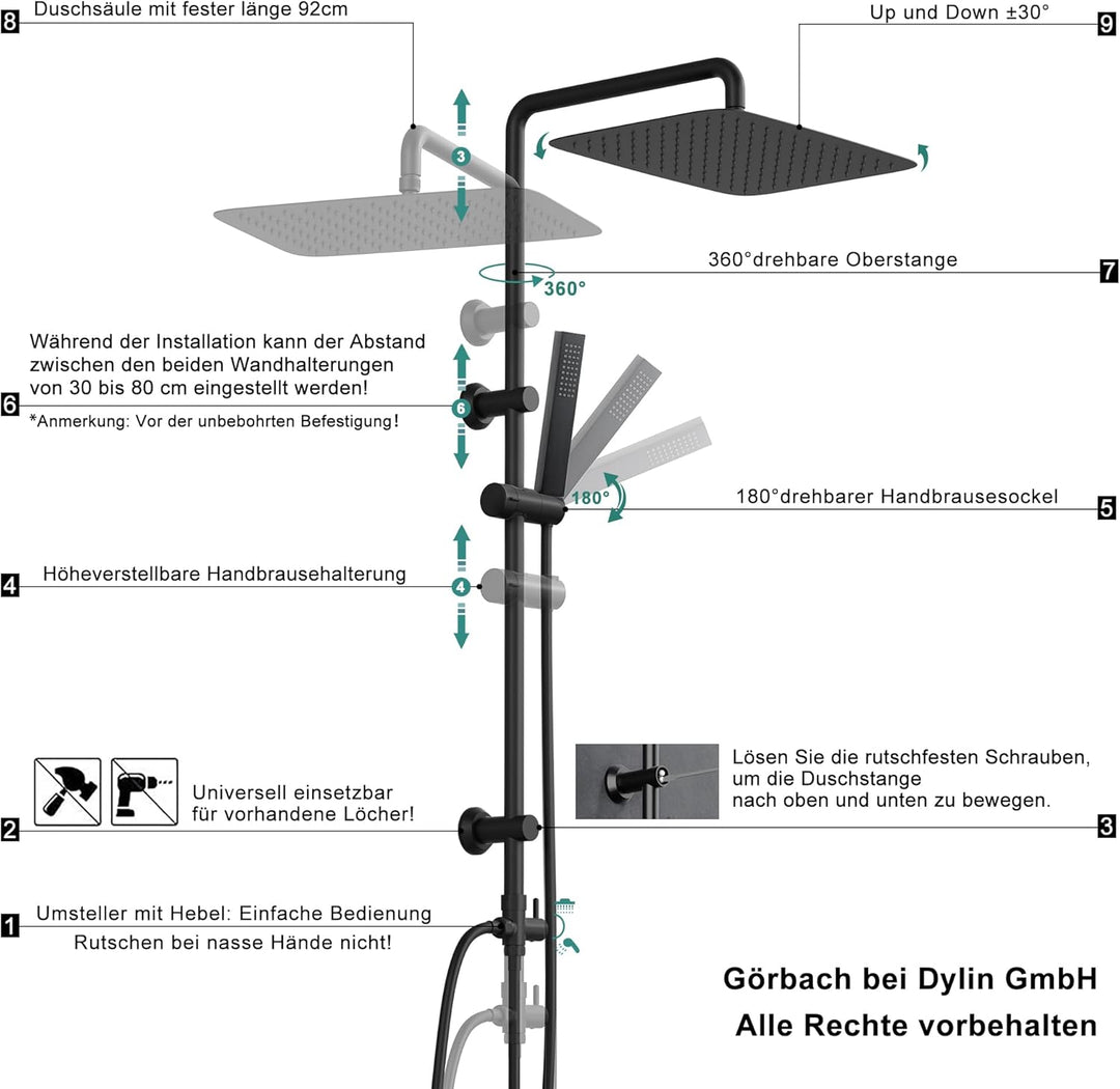 Görbach Regendusche Duschsystem ohne Armatur, Edelstahl Duschset mit 92cm Duschstange, XXL Überkopfb