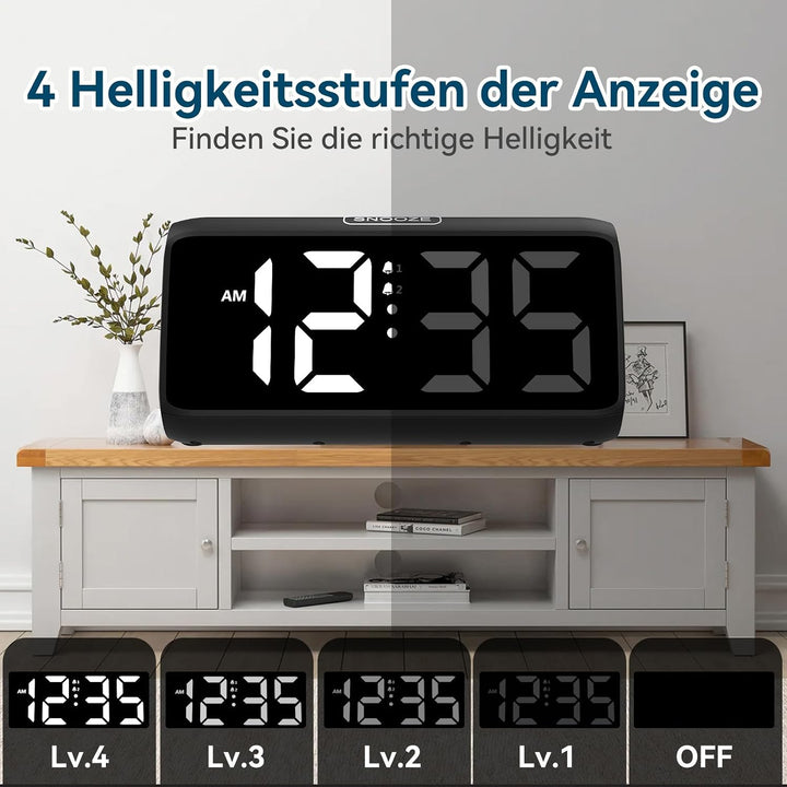 Netzu Lauter Wecker für Tiefschläfer, Digitalwecker mit LED Display, Doppelalarm, 5 Helligkeitsdimme