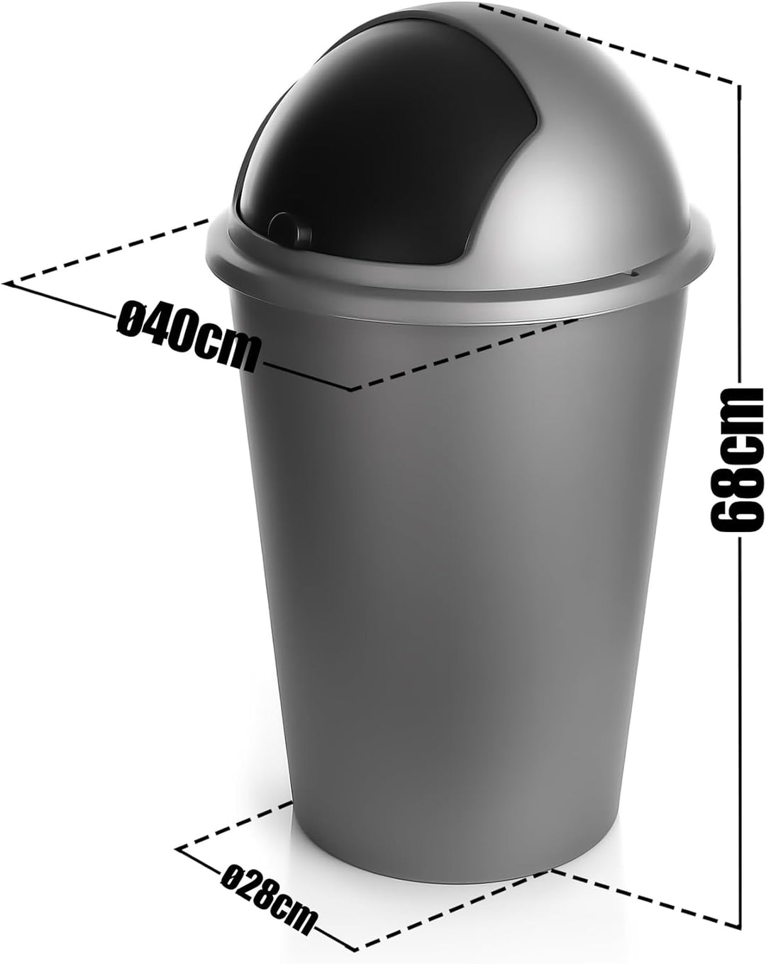 BigDean Abfalleimer grau 50 L mit schwarzem Schiebedeckel Ø 25cm x H 68cm – Mülleimer gross aus Kuns