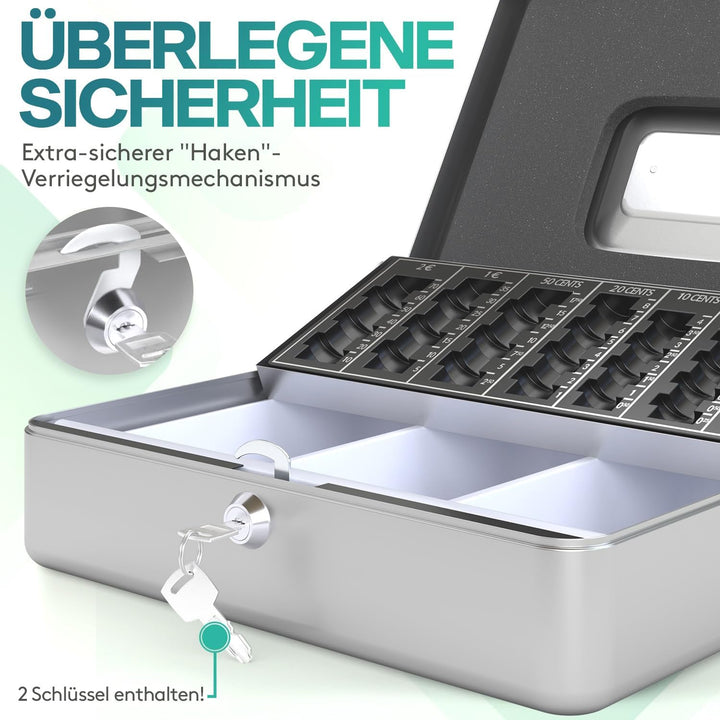 ACROPAQ Geldkassette abschliessbar - (30 x 24 x 9 cm), Kasse mit Münzzählbrett, Stahlkonstruktion, M