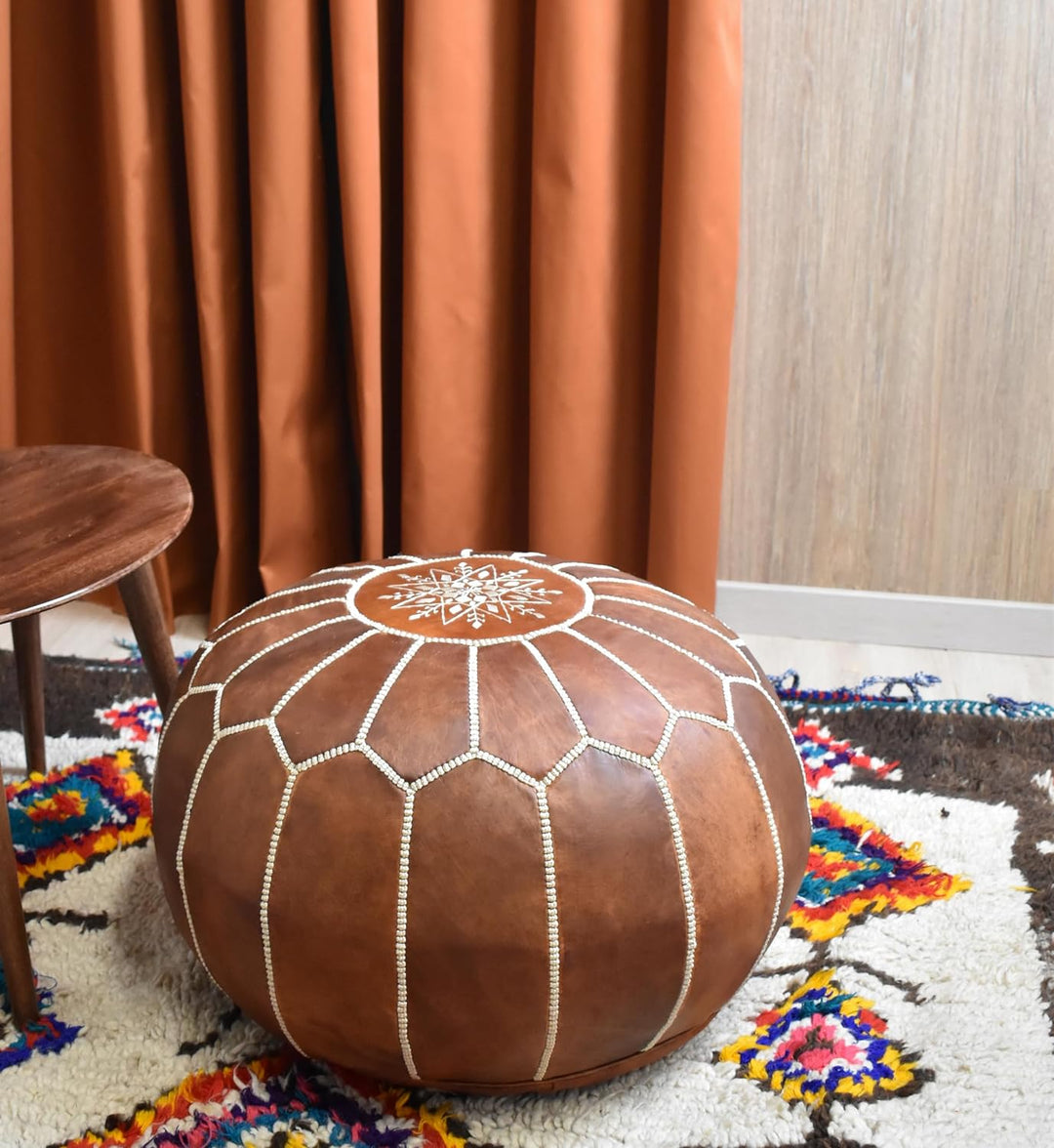 Marokkanischer Echtleder Pouf - Cognac Braun - Handgefertigt - gefüllt geliefert - Ottoman Sitzsack
