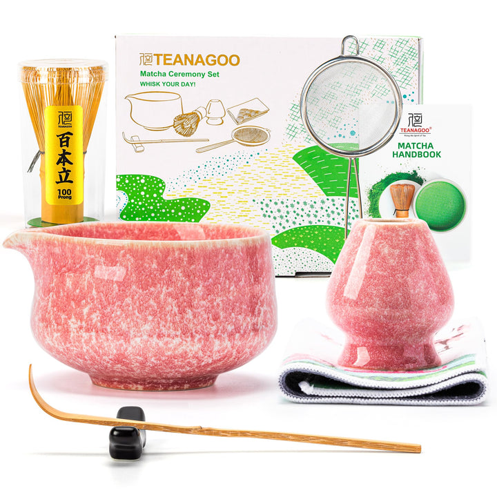 TEANAGOO Matcha-Schneebesen-Set, 7-teilig, rosa für die Herstellung von Latte, Keramikschale (Chawan