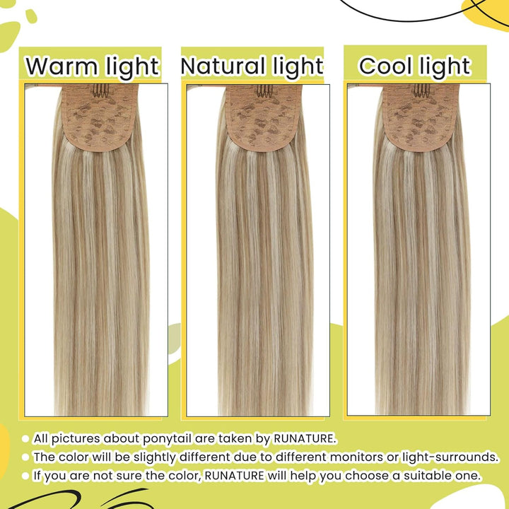 RUNATURE Echthaar Zopf Extensions Aschbraun mit Platinblond Clip in Echthaar Zopf Extensions Remy Ec