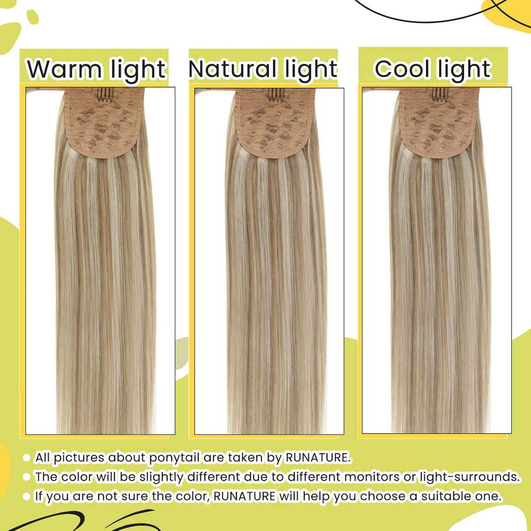 RUNATURE Echthaar Zopf Extensions Aschbraun mit Platinblond Clip in Echthaar Zopf Extensions Remy Ec