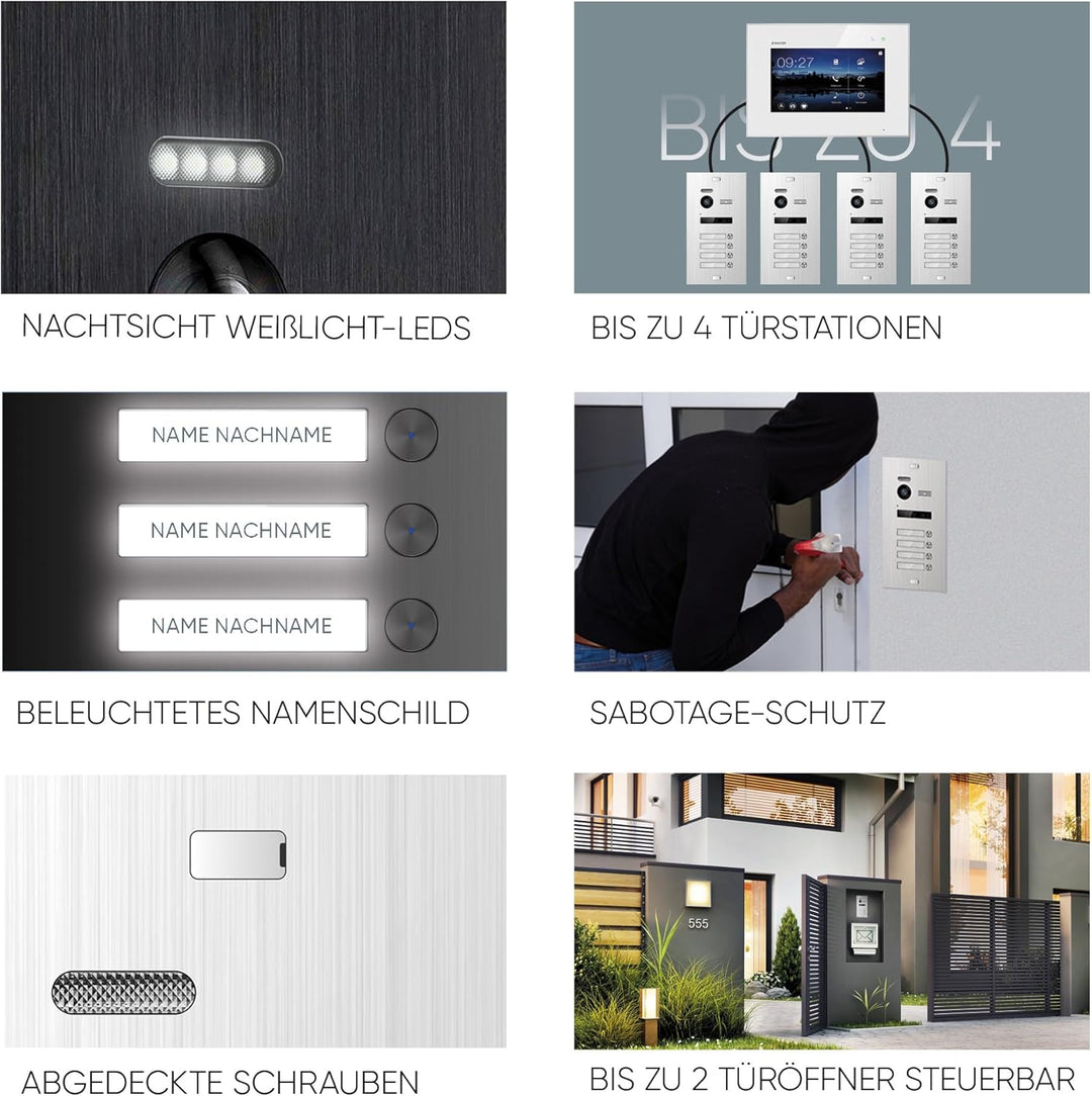 Balter EVO-HD Video Türsprechanlage, Video Türklingel mit Kamera, 4 familienhaus Klingel, 7 Zoll HD