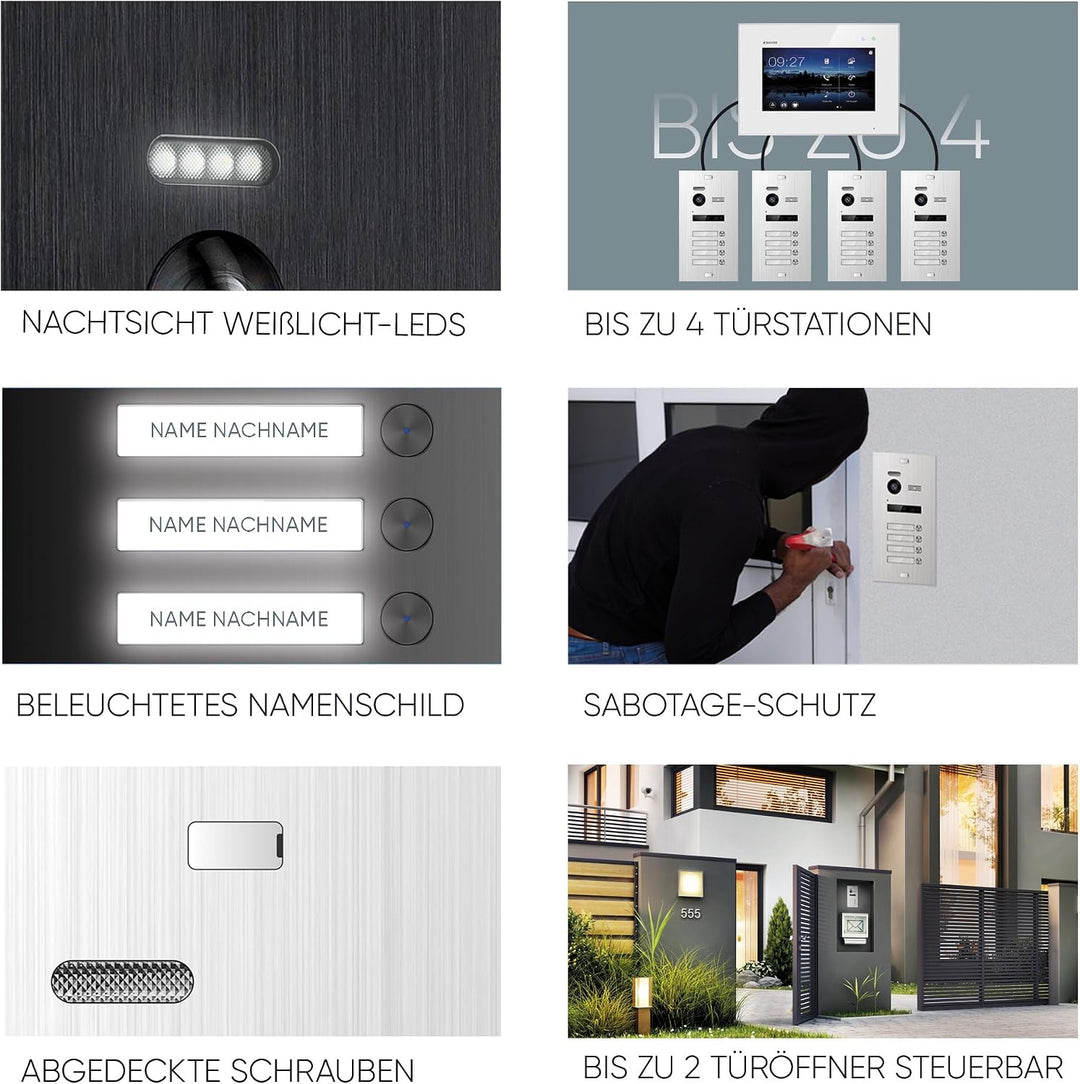 Balter EVO-HD Video Türsprechanlage, Video Türklingel mit Kamera, 3 familienhaus Klingel, 7 Zoll HD