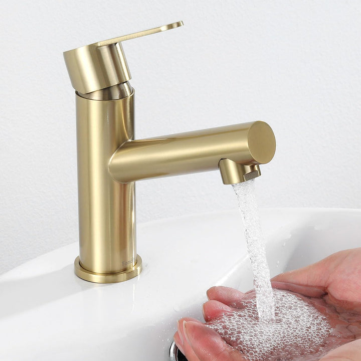 Wasserhahn Bad Gold Matt, Edelstahl Waschtischarmatur mit Auslauf Höhe 87 mm, Einhebelmischer Waschb