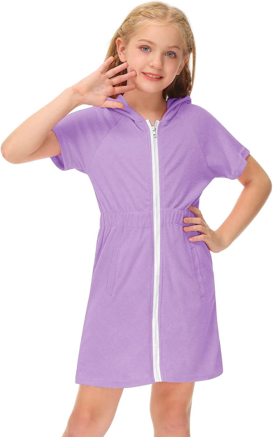 Mädchen Kurzarm Frottee Badeponcho mit Seitentaschen Lila Reissverschluss Surf Poncho, Kapuzen-Badem