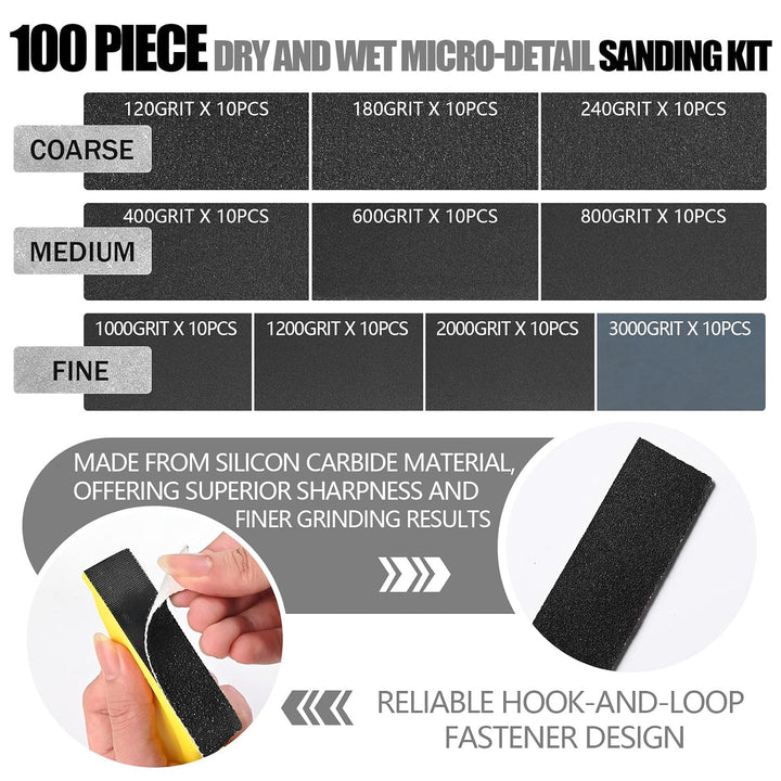 UMXIUO 100 Stück Schleifpapier mit HandSchleifklotz, Körnung von 120 bis 3000, Nassschleifpapier Set