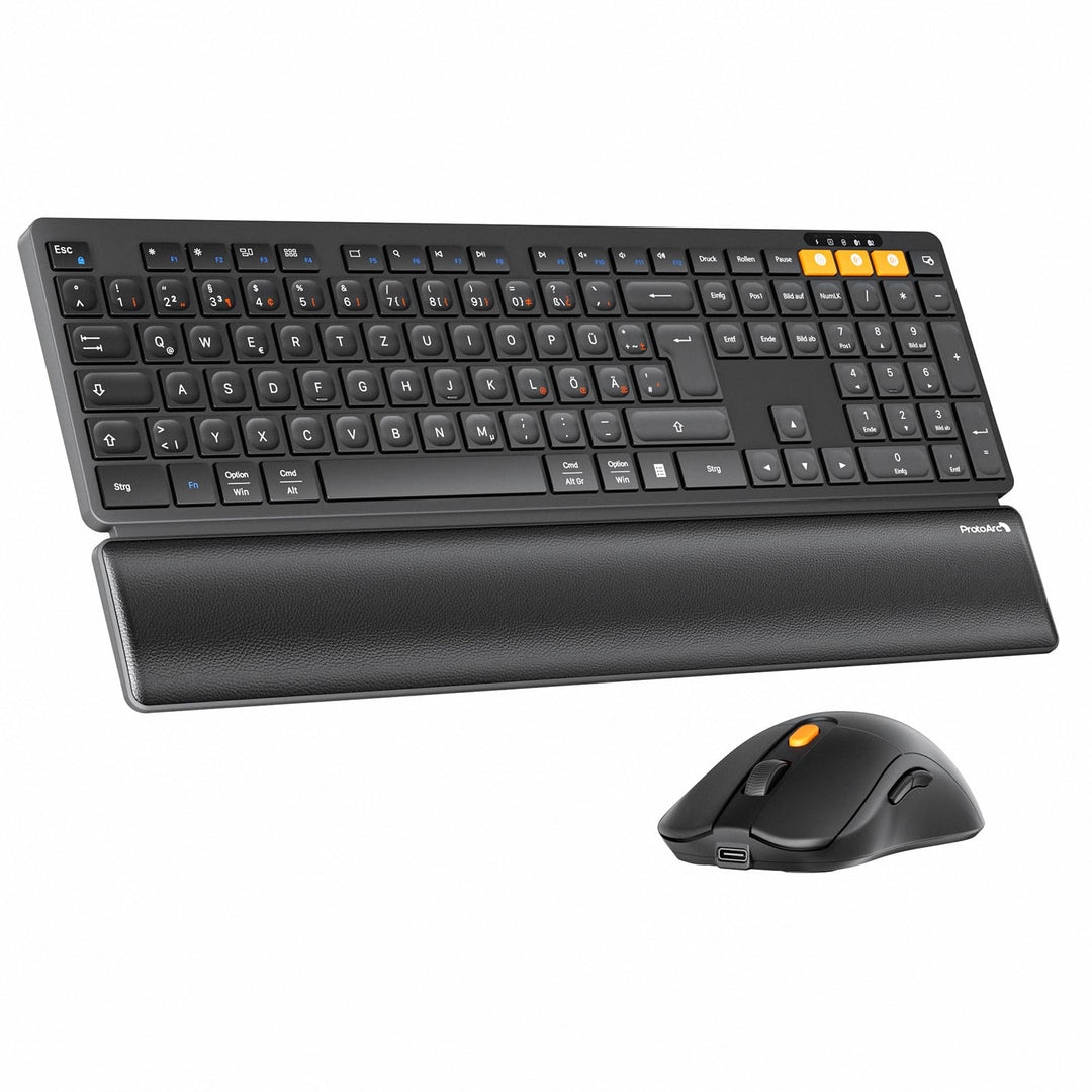 ProtoArc Kabellos Tastatur Maus Set, KM60 Full-Size Bluetooth Tastatur und Maus mit Handballenauflag