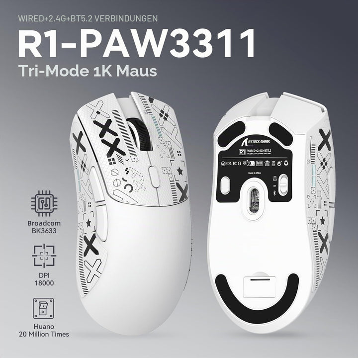 ATTACK SHARK R1 59g Superlight Maus mit Klebeband, PixArt PAW3311 Gaming-Sensor, BT/2,4G kabellose/k