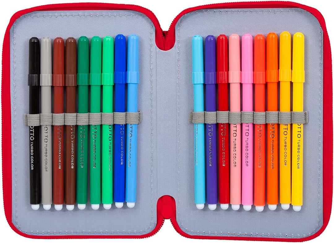 L'ERBAVOGLIO Federmäppchen für Schule, 3 Reissverschluss, komplett mit 44 Stück, Cars (Rot/Hellblau)