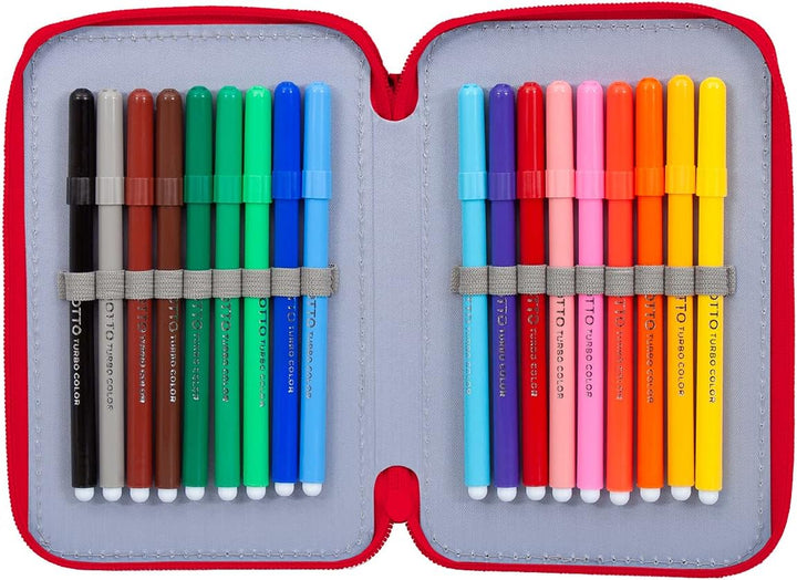 L'ERBAVOGLIO Federmäppchen für Schule, 3 Reissverschluss, komplett mit 44 Stück, Cars (Rot/Hellblau)