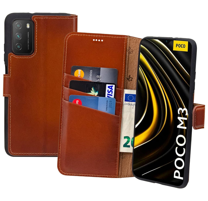 Suncase Book-Style Hülle kompatibel mit Xiaomi Poco M3 Leder Tasche (Slim-Fit) Lederhülle Handytasch