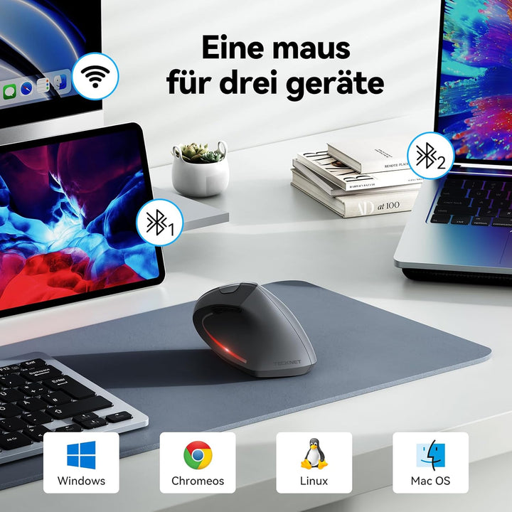TECKNET Ergonomische Kabellose Bluetooth Maus - Vertikale Wireless Mouse mit 3 Gerät (BT+BT+USB), Op