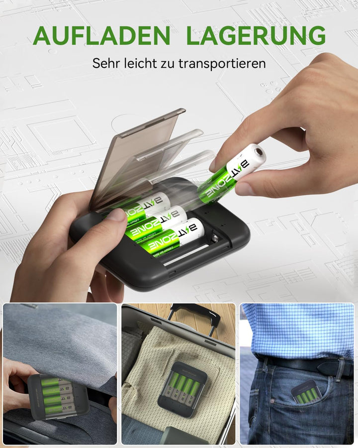 Wiederaufladbare Lithium Akkus AA 4-Pack mit Ladegerät, 2500mWh Hohe Kapazität 1.5V AA Batterien Lad