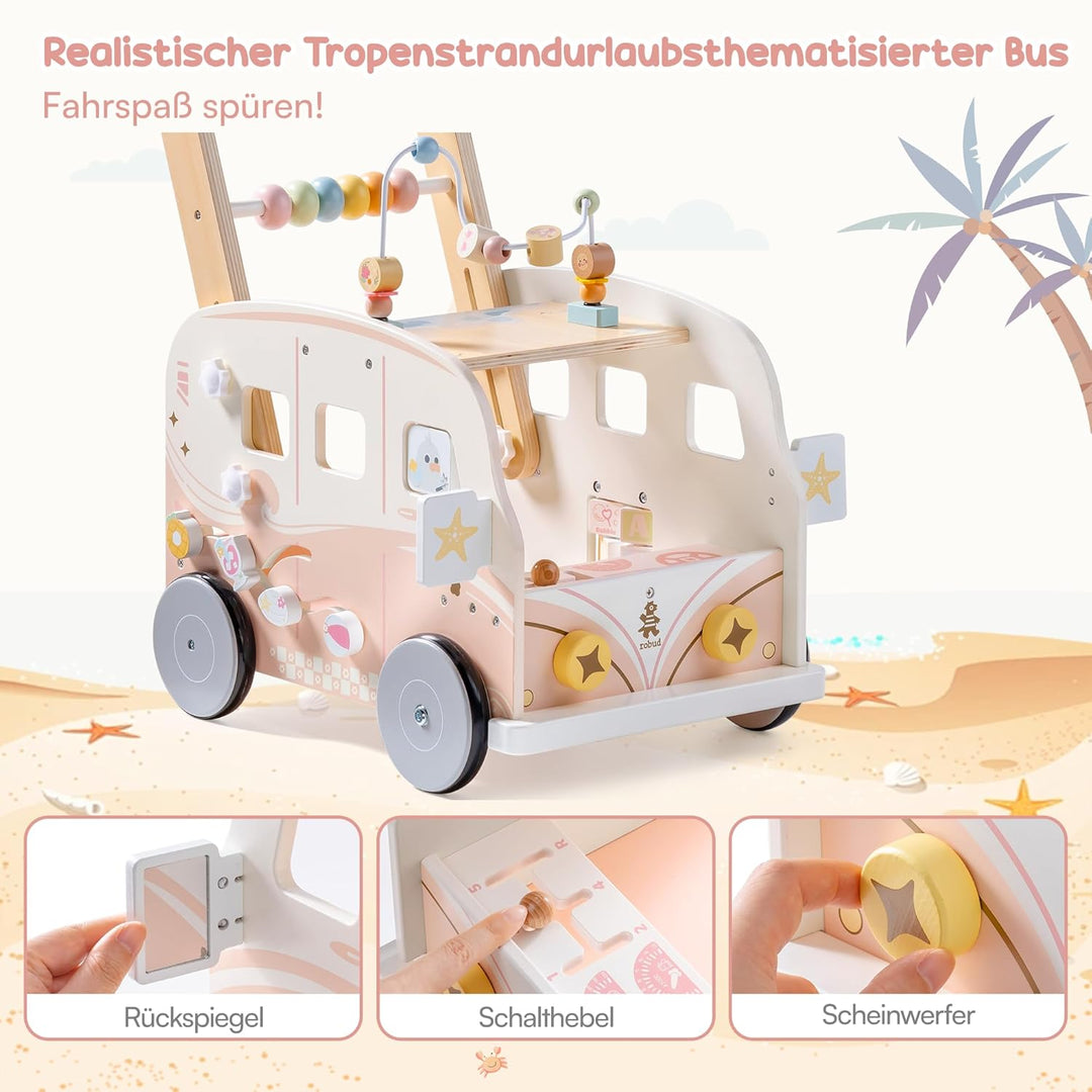 ROBUD Baby Lauflernhilfe Holz, Interaktiver Lauflernwagen, Einstellbare Geschwindigkeit & Höhe Baby