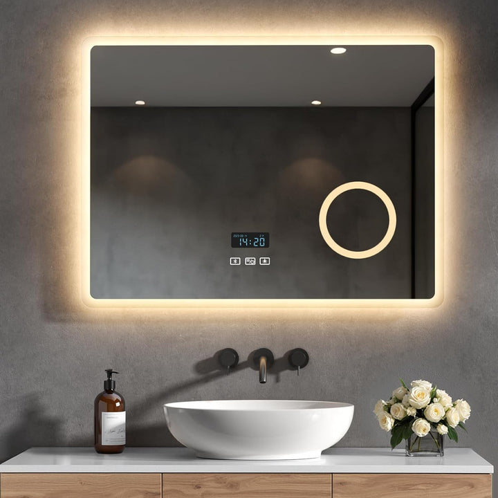 Heilmetz Led Badspiegel 80 x 60 cm Kaltweiss Badezimmerspiegel mit Touch + Bluetooth + Uhr + Beschla