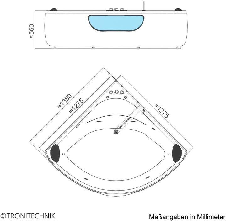 Tronitechnik® Eckbadewanne mit Whirlpool 135x135cm mit Sitz, Acrylwanne für Zwei Personen, Eck-Badew