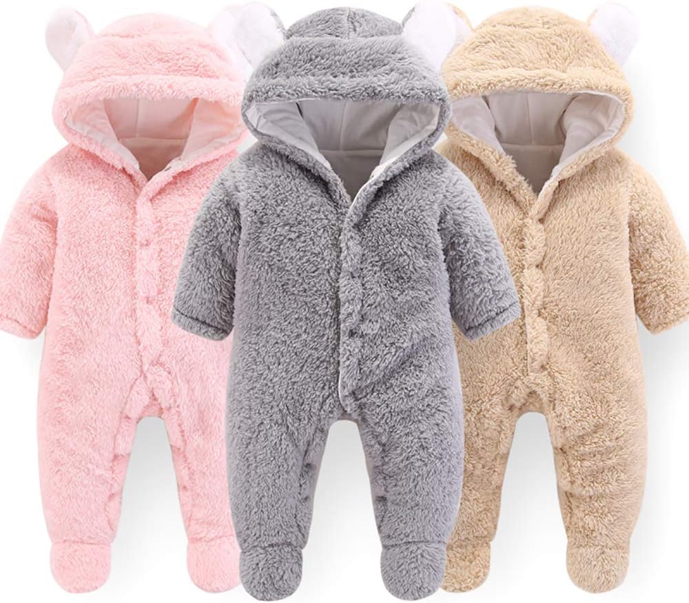 Neugeborene Baby Cartoon Bär Schneeanzug Wintermantel Fleece Kapuze Strampler Jumpsuit Weiss 3-6 Mon