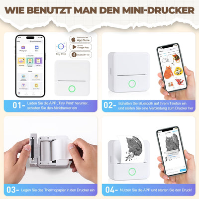 PRAOAHEI Mini Drucker, Tragbarer Fotodrucker mit 10 Rollen Druckerpapier, Bluetooth-Etikettendrucker