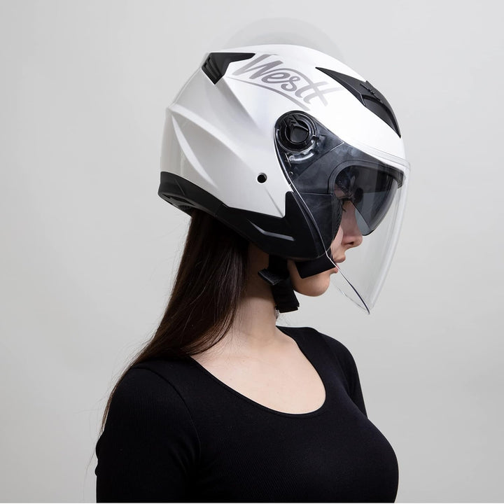 Westt Jethelm mit Visier und Sonnenblende Motorradhelm Herren Damen Rollerhelm Mopedhelm Mofa Choppe