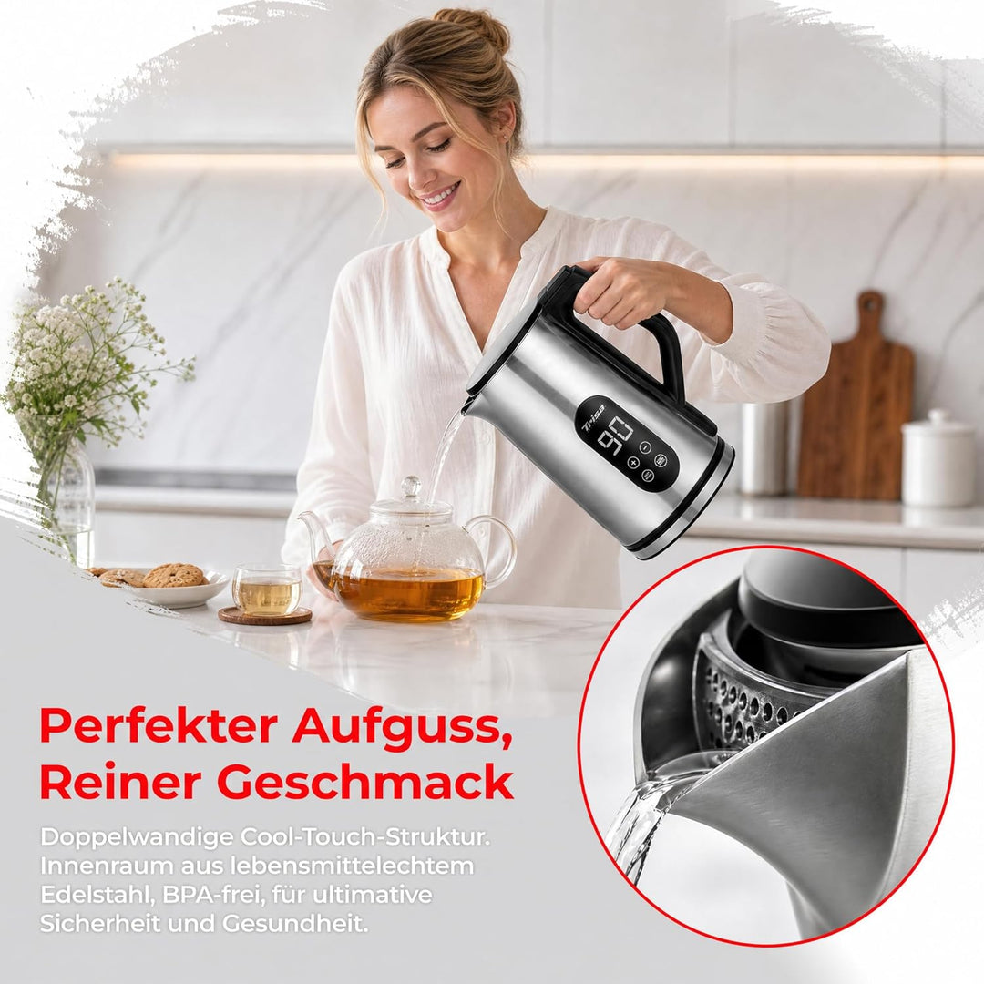 Trisa Digital Boil Doppelwandiger Wasserkocher 1,7L mit Temperatureinstellung (40-100°C), Edelstahl