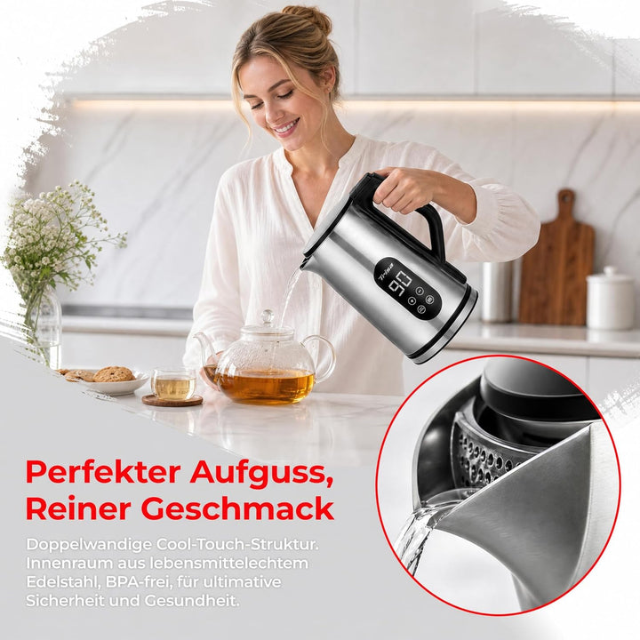 Trisa Digital Boil Doppelwandiger Wasserkocher 1,7L mit Temperatureinstellung (40-100°C), Edelstahl