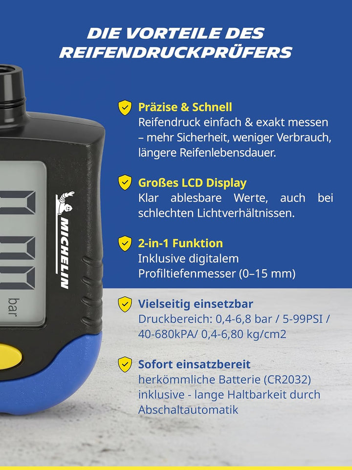 MICHELIN 9526 Reifendruck Prüfer Digitaler Luftdruckprüfer Reifen Manometer mit Profiltiefenmesser R