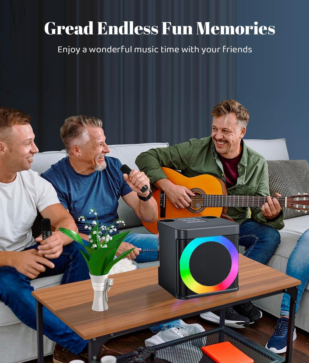 Karaoke Maschine mit 2 Mikrofonen,Mini Karaoke Anlage mit LED Licht, tragbare Bluetooth Karaoke Laut