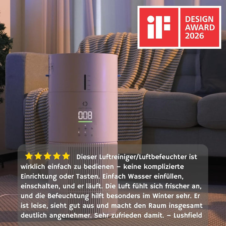 Airthereal 2-in-1 Luftreiniger mit Luftbefeuchter für bis zu 125 m², 3-Stufen-Filter, Luftqualitätsa