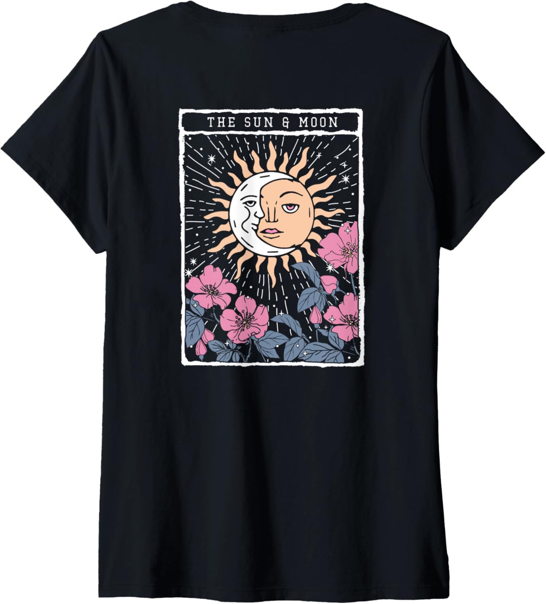 Damen Sun & Moon Flowers Tarot Card Front & Back T-Shirt mit V-Ausschnitt