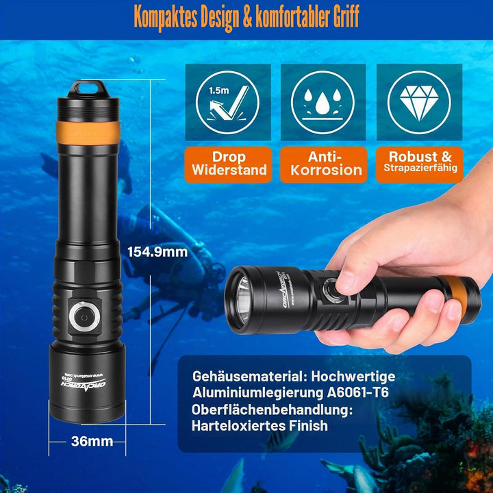 ORCATORCH D710 Tauchlampe, 3000 Lumen Unterwasser-Taschenlampe mit 6 Grad schmalem Strahl, IP68 wass
