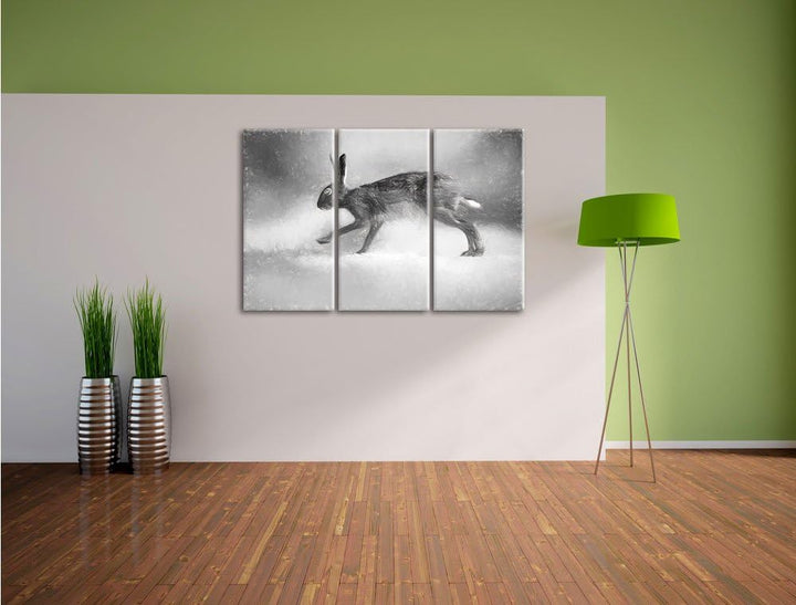 Pixxprint hoppelnder Hase als Leinwandbild/Grösse: 3 Teilig (120x80) cm/Wandbild/Kunstdruck/fertig b
