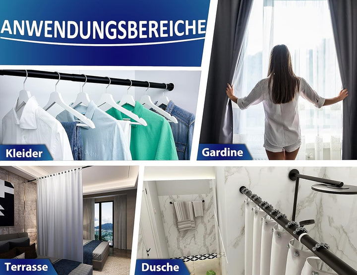 MEISENBERG Duschvorhangstange ohne Bohren 160-210cm, Ø25mm Matt Schwarz Klemmbare belastbare Gardine