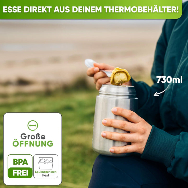 Blockhütte Edelstahl Thermobehälter für Essen I 730 ml I mit Löffel, Thermo Lunchbox für Kinder, Erw