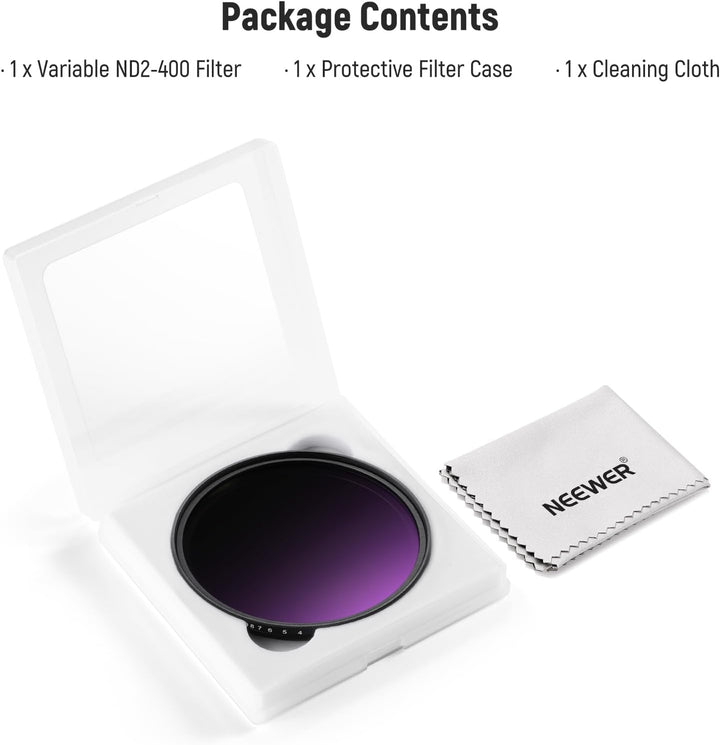 NEEWER 72mm Variabler ND Filter ND2-ND400, Hard Stop Limited Einstellbarer Graufilter mit mehrfach b