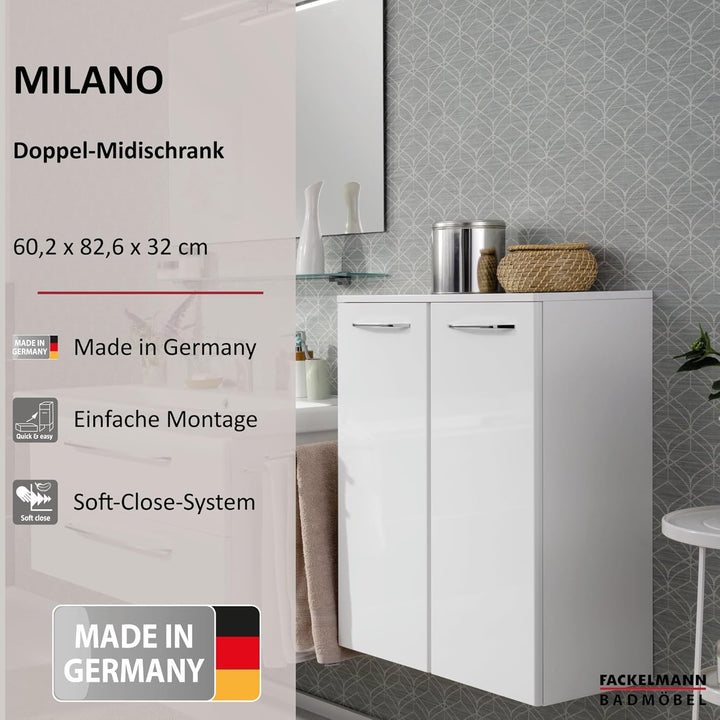 FACKELMANN Milano Doppelmidischrank mit Türen – Schrank fürs Badezimmer (60,2 cm x 82,6 cm x 32 cm)