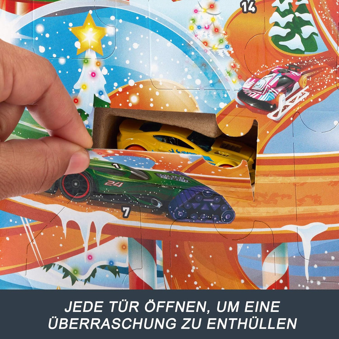 Hot Wheels Spielzeugautos, Adventskalender 2024, 8 Hot Wheels Autos im Massstab 1:64, hinter 24 numm
