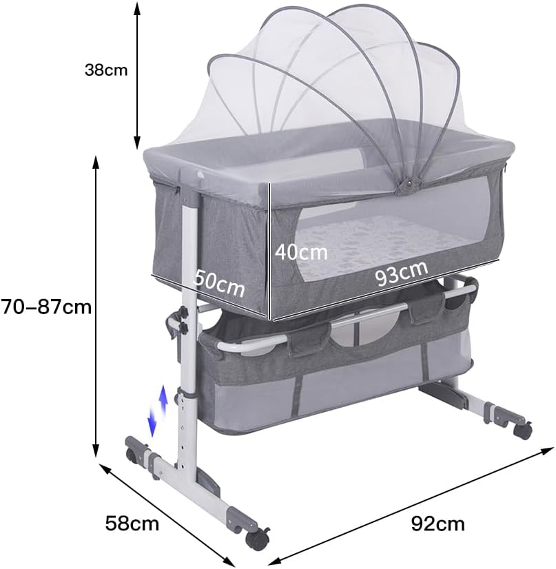OHMG 3 in 1 Kinderbett mit Moskitonetz, Babywiege Seitenbett für Cosleeping, Wiege Baby Bassinet Bab
