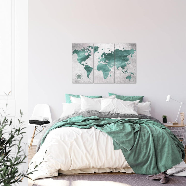 Runa Art Wandbilder Weltkarte Bild XXL Büro Wohnzimmer Grün Grau Vintage 120 x 80 cm 3 Teilig 026031