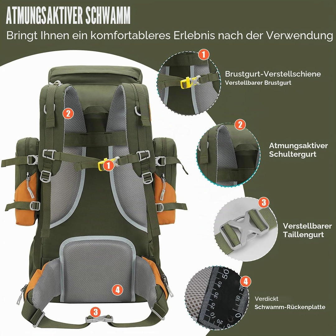 Bseash 70L (65+5) Wasserdichter Wanderrucksack mit Regenschutz, Outdoor-Sport, Reisen, Tagesrucksack