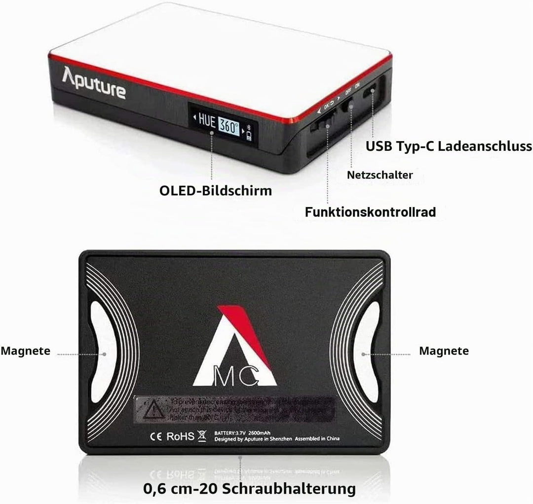 Aputure MC RGBWW-Filmlicht mit vollständiger HSI-Farbsteuerung und einem CCT-Bereich von 3200K-6500K