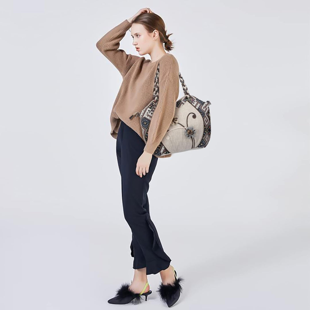 Boho Ethnische Umhängetasche, Hobo Umhängetasche, Damen-Leinentasche mit verstellbarem langem Schult