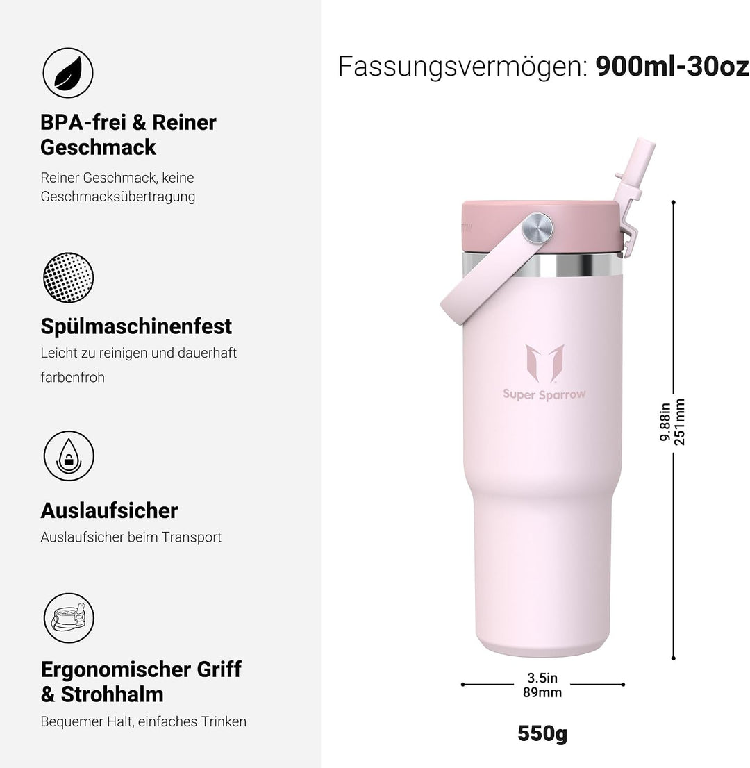 Sparrow Trinkflasche Edelstahl - Twistpath Thermosflasche mit Flex-Strohhalmdeckel - 900ml - BPA-fre