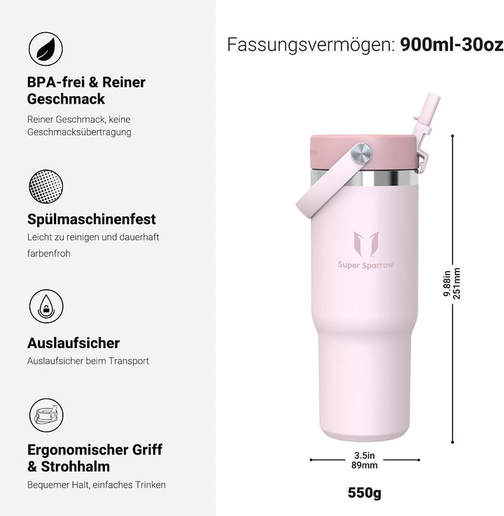 Sparrow Trinkflasche Edelstahl - Twistpath Thermosflasche mit Flex-Strohhalmdeckel - 900ml - BPA-fre